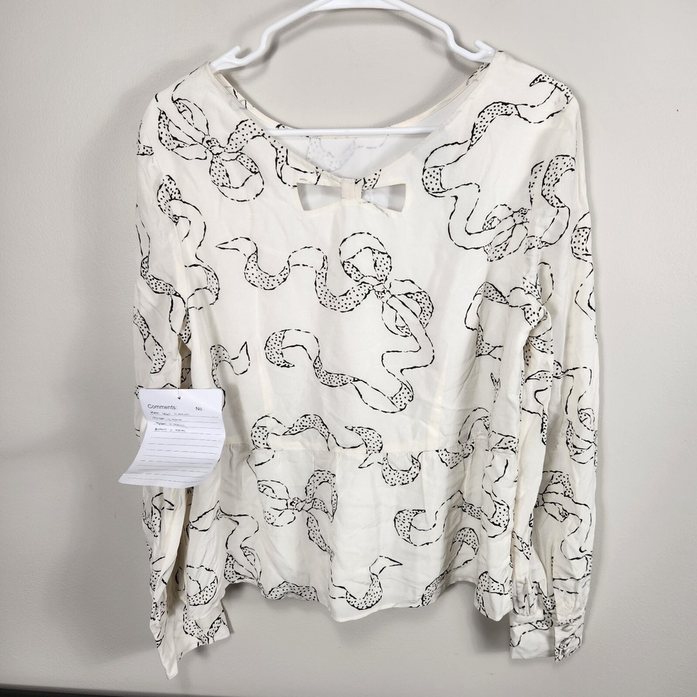 Talbots Womens‎ Bow Keyhole Blouse Size 8 Cream Black Peplum Long Sleeve - Picture 2 of 15